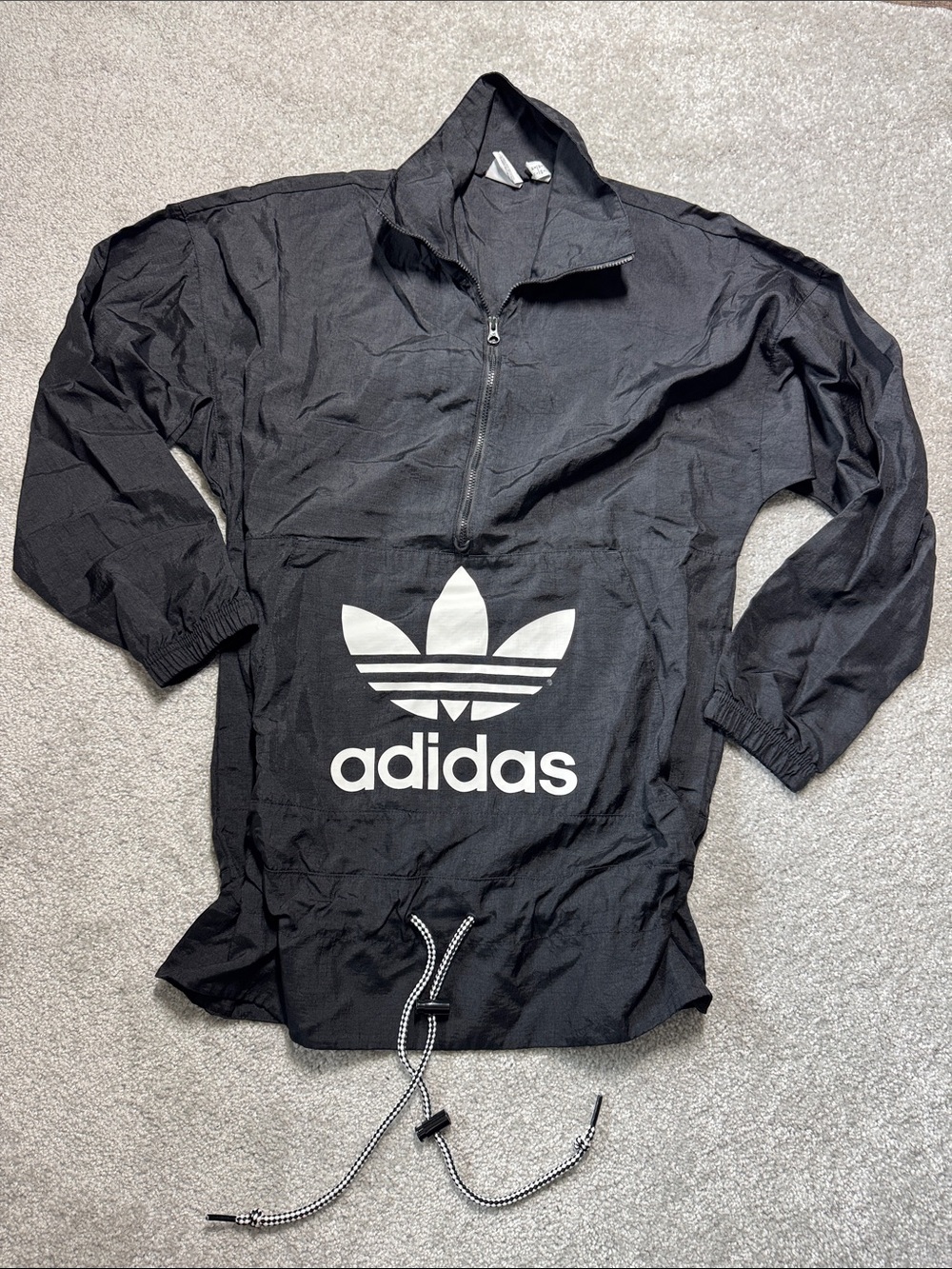 adidas Black Pullover Windbreaker with White Trefoil Logo Size 2XS Top Logo